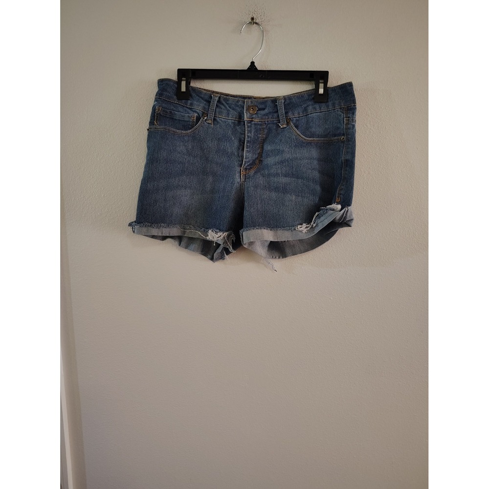 Faded Glory Womens Denim Jean Shorts Medium Wash Frayed Raw Hem Size 12